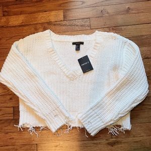 NWT Soft White Fringe Cropped Sweater | Size S